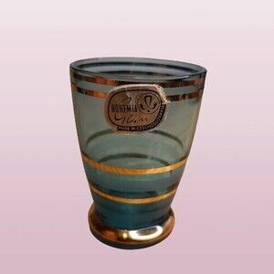 Vtg Czech Bohemia Glass Aperitif Shot Glass Blue w/ Gold Stripes Sticker label